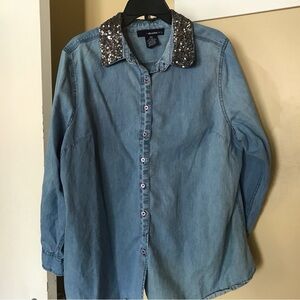 Denim 24/7 Plus Sz18W Long Sleeve Silver Sequined Collar Denim Shirt Comfy